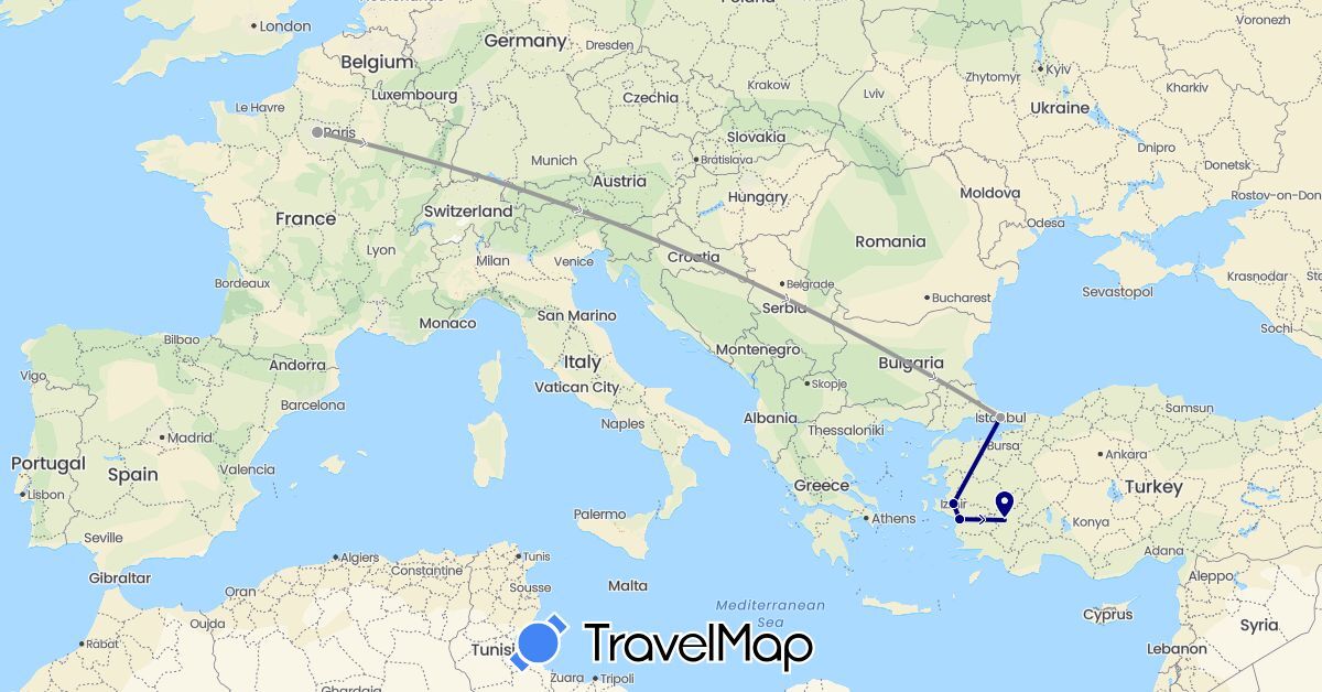 TravelMap itinerary: driving, plane in France, Turkey (Asia, Europe)